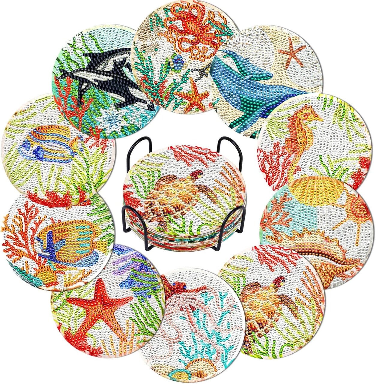 Diamond Art Painting Coasters Kit, 10 Pieces Ocean Diamond Art Coasters with Holder, DIY Diamond Arts and Crafts for Adults